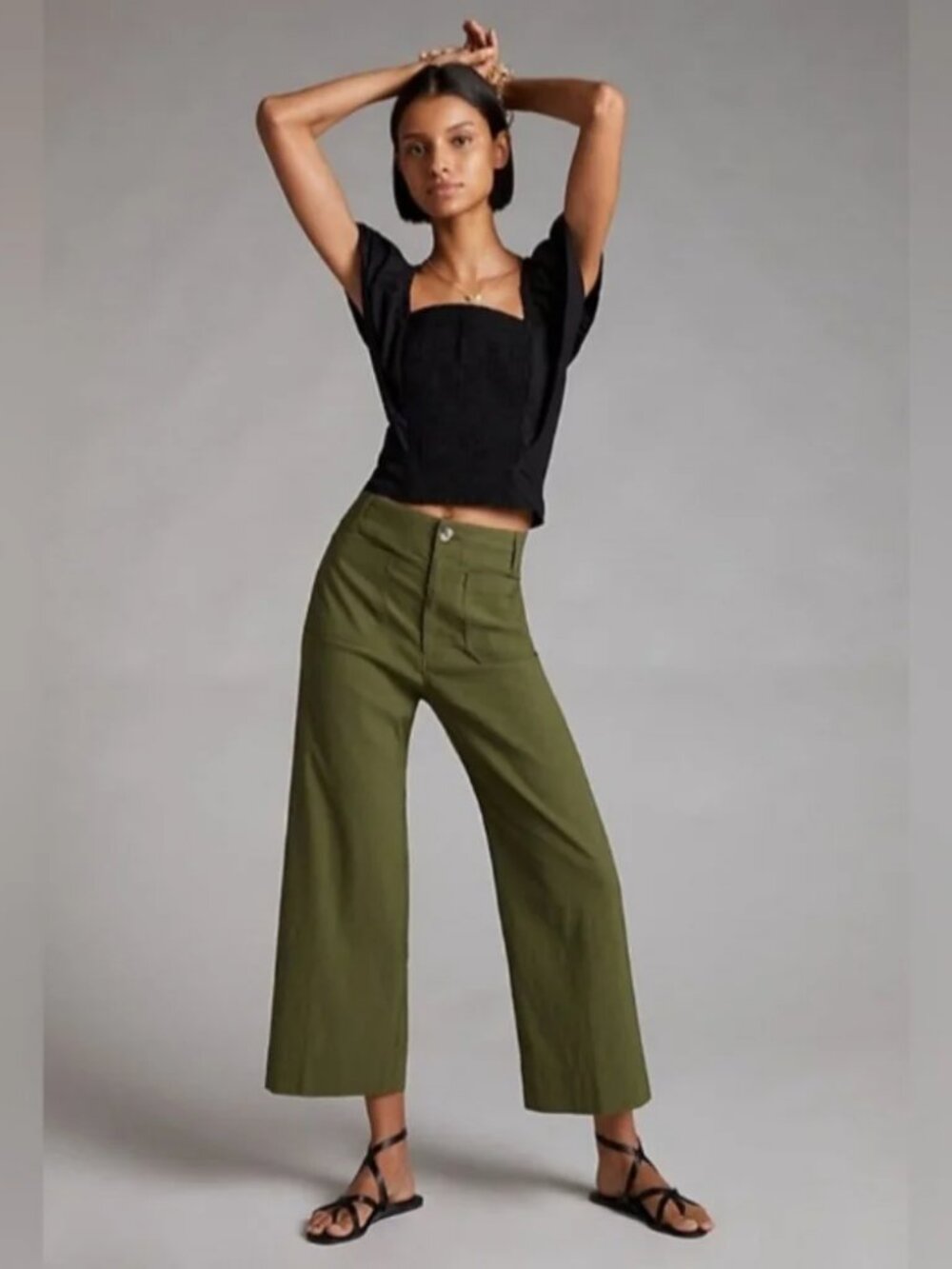 Anthropologie Maeve Linen Blend Colette Wide Leg Cropped Pants Army Green 30